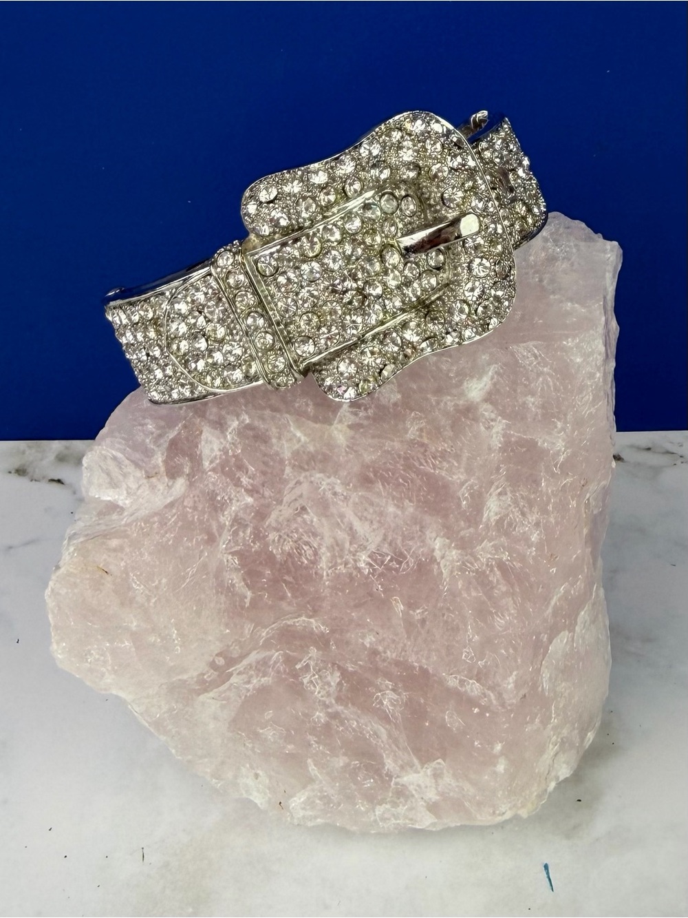 Vintage Y2K Silver Tone Rhinestone Belt Buckle Hinged Clamper Bracelet Cuff 2.5”